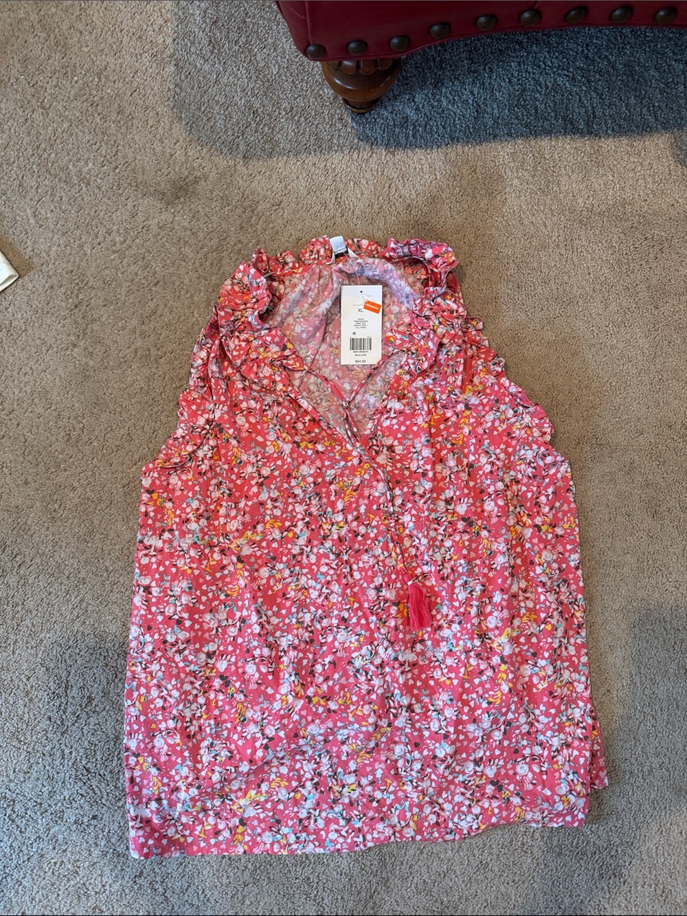 Pink Floral Sleeveless Top with Ruffle Collar